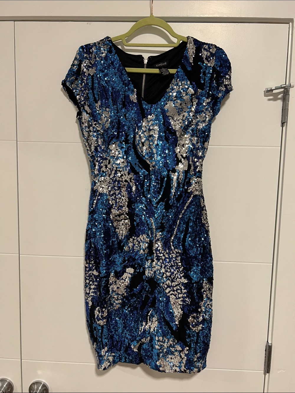 Cache Blue & Silver Sequin Cap-Sleeve Mini Dress